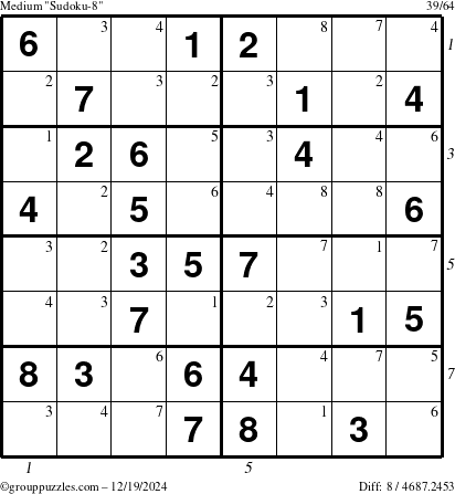 The grouppuzzles.com Medium Sudoku-8 puzzle for Thursday December 19, 2024, suitable for printing, with all 8 steps marked