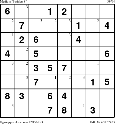 The grouppuzzles.com Medium Sudoku-8 puzzle for Thursday December 19, 2024 with the first 3 steps marked