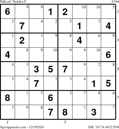 The grouppuzzles.com Difficult Sudoku-8 puzzle for Thursday December 19, 2024, suitable for printing, with all 10 steps marked