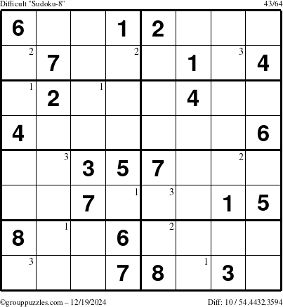 The grouppuzzles.com Difficult Sudoku-8 puzzle for Thursday December 19, 2024 with the first 3 steps marked