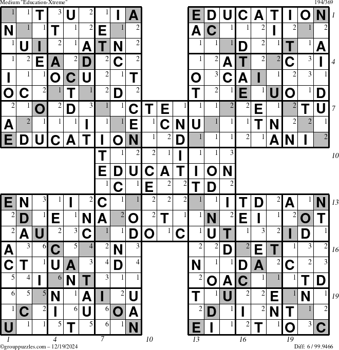 The grouppuzzles.com Medium Education-Xtreme puzzle for Thursday December 19, 2024 with all 6 steps marked