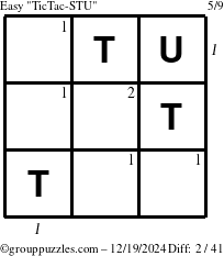 The grouppuzzles.com Easy TicTac-STU puzzle for Thursday December 19, 2024 with all 2 steps marked