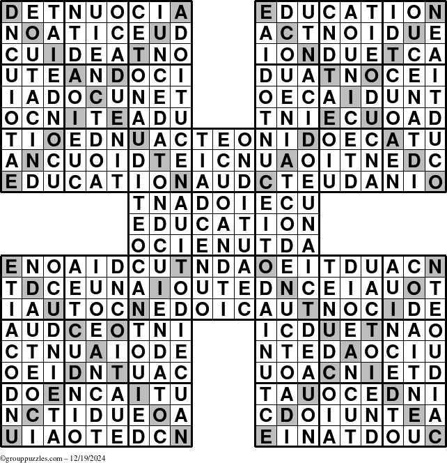 The grouppuzzles.com Answer grid for the Education-Xtreme puzzle for Thursday December 19, 2024