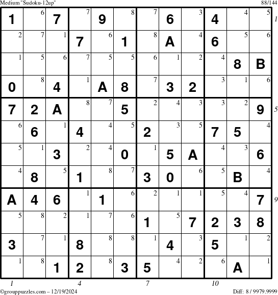 The grouppuzzles.com Medium Sudoku-12up puzzle for Thursday December 19, 2024, suitable for printing, with all 8 steps marked