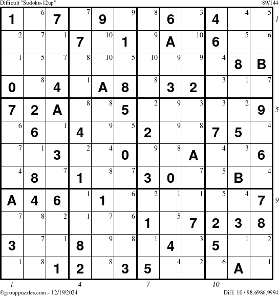 The grouppuzzles.com Difficult Sudoku-12up puzzle for Thursday December 19, 2024 with all 10 steps marked