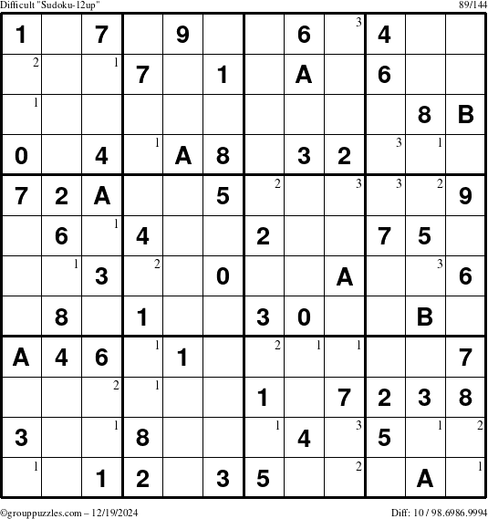 The grouppuzzles.com Difficult Sudoku-12up puzzle for Thursday December 19, 2024 with the first 3 steps marked