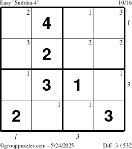 The grouppuzzles.com Easy Sudoku-4 puzzle for Saturday May 24, 2025 with all 3 steps marked