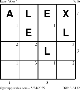 The grouppuzzles.com Easy Alex puzzle for Saturday May 24, 2025 with all 3 steps marked