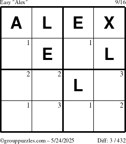 The grouppuzzles.com Easy Alex puzzle for Saturday May 24, 2025 with the first 3 steps marked