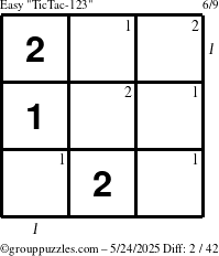 The grouppuzzles.com Easy TicTac-123 puzzle for Saturday May 24, 2025 with all 2 steps marked