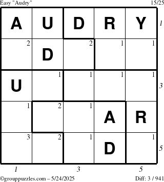 The grouppuzzles.com Easy Audry puzzle for Saturday May 24, 2025 with all 3 steps marked