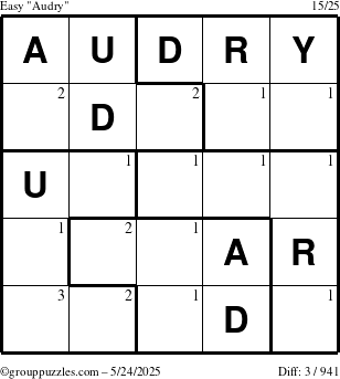 The grouppuzzles.com Easy Audry puzzle for Saturday May 24, 2025 with the first 3 steps marked