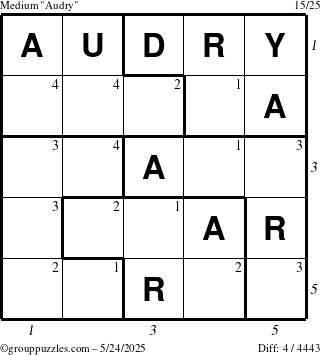 The grouppuzzles.com Medium Audry puzzle for Saturday May 24, 2025 with all 4 steps marked
