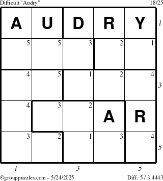 The grouppuzzles.com Difficult Audry puzzle for Saturday May 24, 2025, suitable for printing, with all 5 steps marked