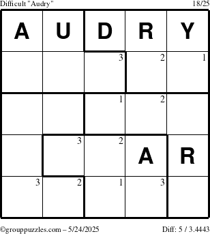 The grouppuzzles.com Difficult Audry puzzle for Saturday May 24, 2025 with the first 3 steps marked