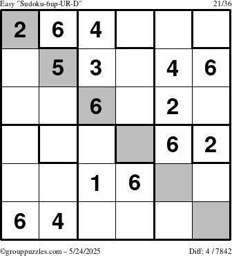 The grouppuzzles.com Easy Sudoku-6up-UR-D puzzle for Saturday May 24, 2025