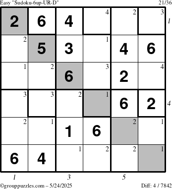 The grouppuzzles.com Easy Sudoku-6up-UR-D puzzle for Saturday May 24, 2025 with all 4 steps marked