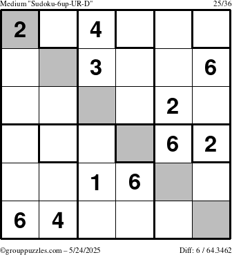The grouppuzzles.com Medium Sudoku-6up-UR-D puzzle for Saturday May 24, 2025