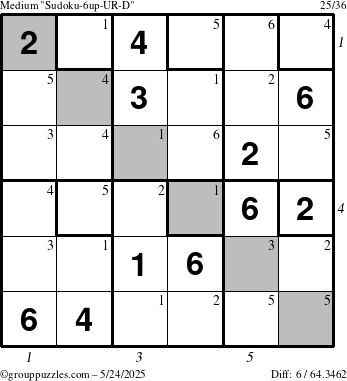 The grouppuzzles.com Medium Sudoku-6up-UR-D puzzle for Saturday May 24, 2025 with all 6 steps marked