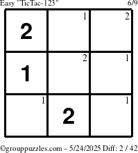 The grouppuzzles.com Easy TicTac-123 puzzle for Saturday May 24, 2025 with the first 2 steps marked