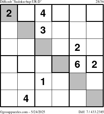 The grouppuzzles.com Difficult Sudoku-6up-UR-D puzzle for Saturday May 24, 2025