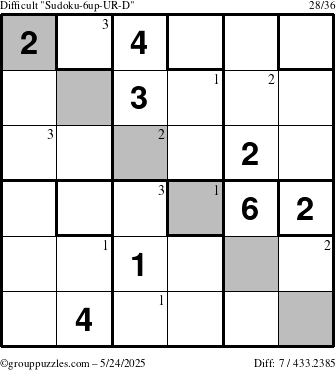 The grouppuzzles.com Difficult Sudoku-6up-UR-D puzzle for Saturday May 24, 2025 with the first 3 steps marked