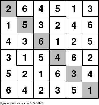The grouppuzzles.com Answer grid for the Sudoku-6up-UR-D puzzle for Saturday May 24, 2025