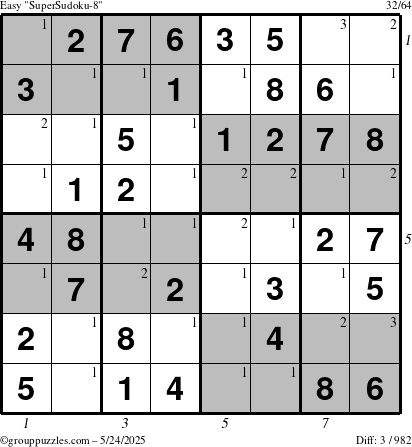 The grouppuzzles.com Easy SuperSudoku-8 puzzle for Saturday May 24, 2025 with all 3 steps marked