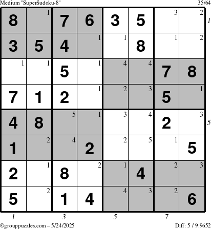 The grouppuzzles.com Medium SuperSudoku-8 puzzle for Saturday May 24, 2025 with all 5 steps marked