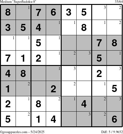 The grouppuzzles.com Medium SuperSudoku-8 puzzle for Saturday May 24, 2025 with the first 3 steps marked