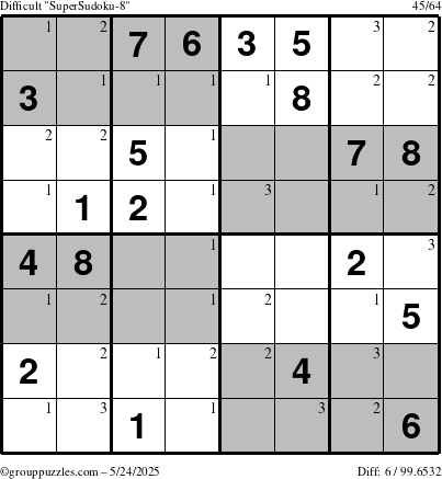 The grouppuzzles.com Difficult SuperSudoku-8 puzzle for Saturday May 24, 2025 with the first 3 steps marked