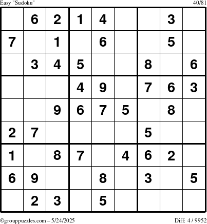 The grouppuzzles.com Easy Sudoku puzzle for Saturday May 24, 2025