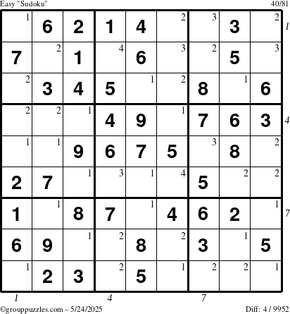 The grouppuzzles.com Easy Sudoku puzzle for Saturday May 24, 2025 with all 4 steps marked