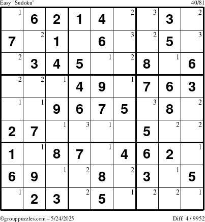 The grouppuzzles.com Easy Sudoku puzzle for Saturday May 24, 2025 with the first 3 steps marked