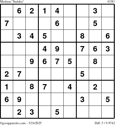 The grouppuzzles.com Medium Sudoku puzzle for Saturday May 24, 2025