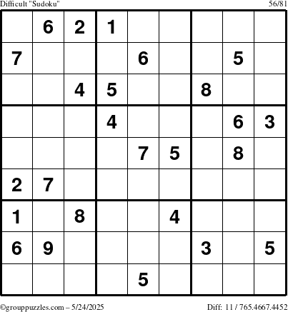 The grouppuzzles.com Difficult Sudoku puzzle for Saturday May 24, 2025
