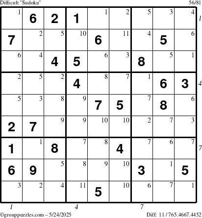 The grouppuzzles.com Difficult Sudoku puzzle for Saturday May 24, 2025 with all 11 steps marked