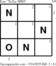 The grouppuzzles.com Easy TicTac-MNO puzzle for Saturday May 24, 2025 with all 2 steps marked