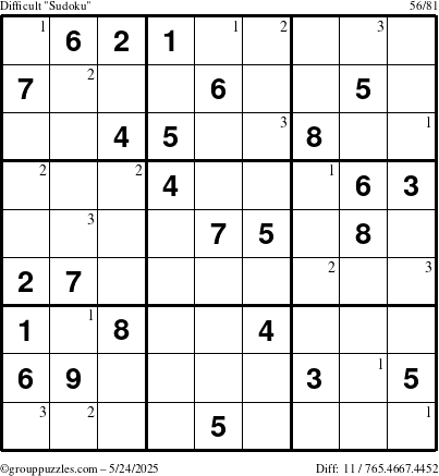 The grouppuzzles.com Difficult Sudoku puzzle for Saturday May 24, 2025 with the first 3 steps marked