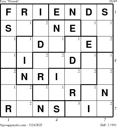 The grouppuzzles.com Easy Friends puzzle for Saturday May 24, 2025 with all 3 steps marked
