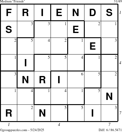 The grouppuzzles.com Medium Friends puzzle for Saturday May 24, 2025 with all 6 steps marked