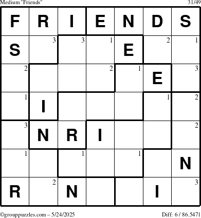The grouppuzzles.com Medium Friends puzzle for Saturday May 24, 2025 with the first 3 steps marked