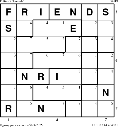 The grouppuzzles.com Difficult Friends puzzle for Saturday May 24, 2025 with all 8 steps marked