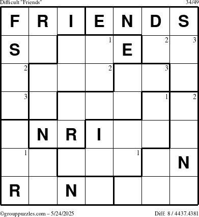 The grouppuzzles.com Difficult Friends puzzle for Saturday May 24, 2025 with the first 3 steps marked