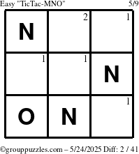 The grouppuzzles.com Easy TicTac-MNO puzzle for Saturday May 24, 2025 with the first 2 steps marked