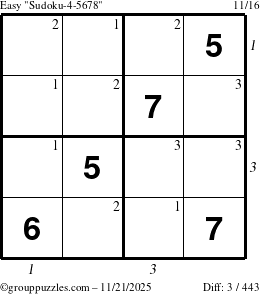 The grouppuzzles.com Easy Sudoku-4-5678 puzzle for Friday November 21, 2025, suitable for printing, with all 3 steps marked