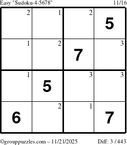 The grouppuzzles.com Easy Sudoku-4-5678 puzzle for Friday November 21, 2025 with the first 3 steps marked
