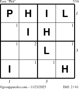 The grouppuzzles.com Easy Phil puzzle for Friday November 21, 2025, suitable for printing, with all 2 steps marked