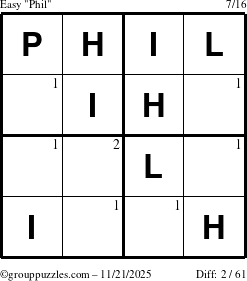 The grouppuzzles.com Easy Phil puzzle for Friday November 21, 2025 with the first 2 steps marked