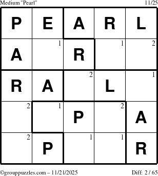 The grouppuzzles.com Medium Pearl puzzle for Friday November 21, 2025 with the first 2 steps marked